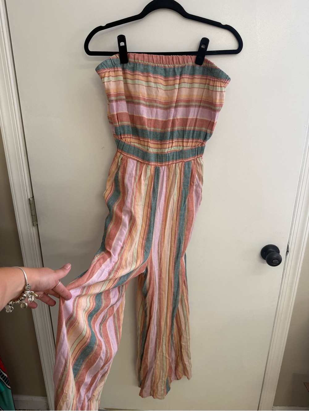 American Eagle Outfitters Pastel Striped Strapless Wide-Leg Jumpsuit